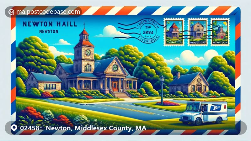 Newton, Massachusetts illustration, zip code 02458, Newton City Hall and Newton Centre Park.