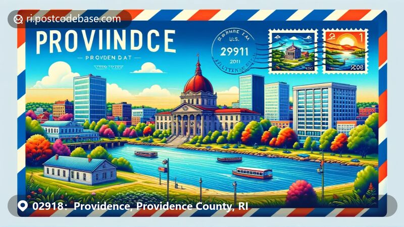 Providence, RI illustration, zip code 02918, featuring Rhode Island State House and Waterplace Park.