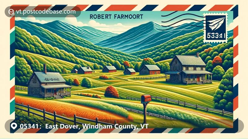 East Dover, Vermont illustration, featuring Robert Frost Interpretive Trail and fall foliage.
