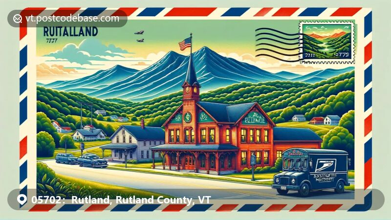 Rutland, VT illustration, zip code 05702, Paramount Theatre and Green Mountains.
