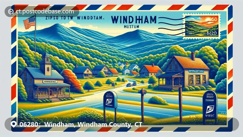 Illustration of zip code 06280 in Windham, CT, including the Windham Textile and History Museum.