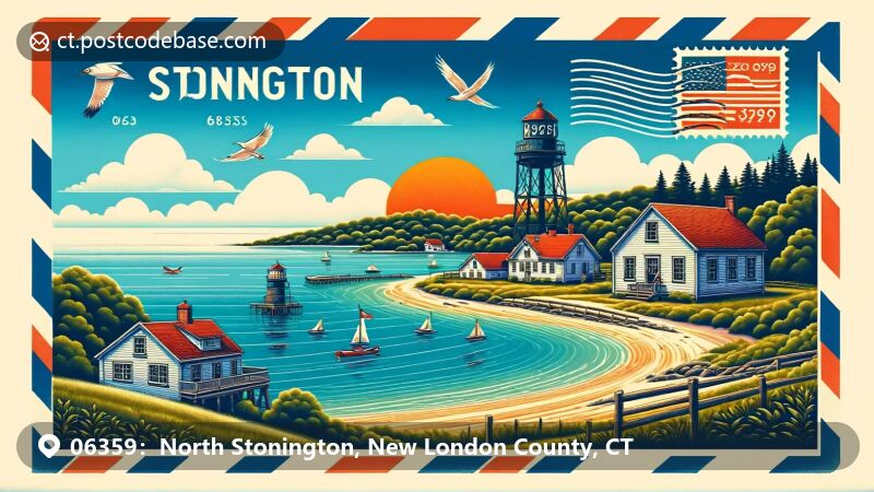North Stonington, CT illustration, featuring Stonington Lighthouse and coastal scenery.