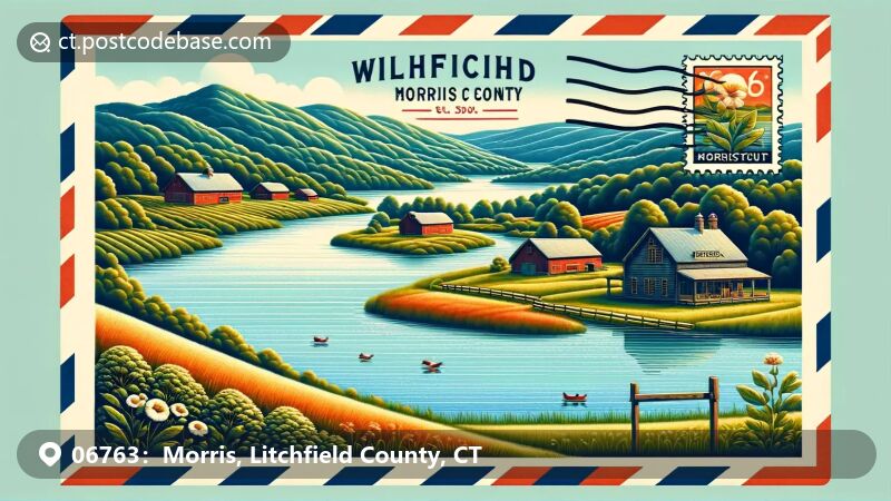 Illustration of Morris, CT, zip code 06763, featuring White Flower Farm and Bantam Lake.