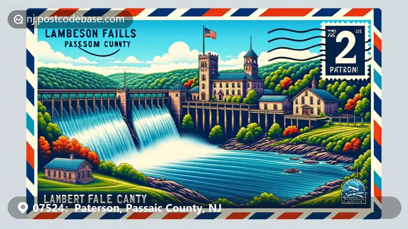 Paterson, NJ illustration, zip code 07524, featuring Paterson Great Falls and Lambert Castle.