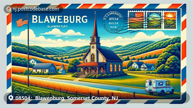 Blawenburg, NJ illustration, zip code 08504, featuring the Blawenburg Reformed Church.