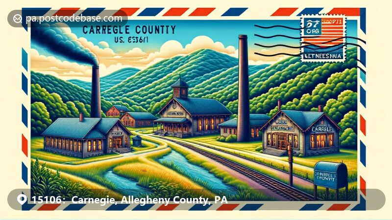Carnegie, PA illustration, zip code 15106, featuring Carnegie Library and steel industry heritage.
