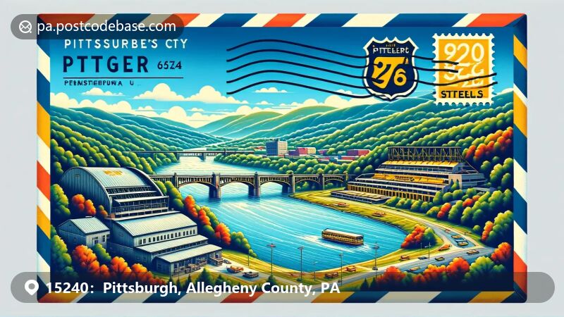 Pittsburgh, PA illustration, zip code 15240, Heinz Field and three rivers.