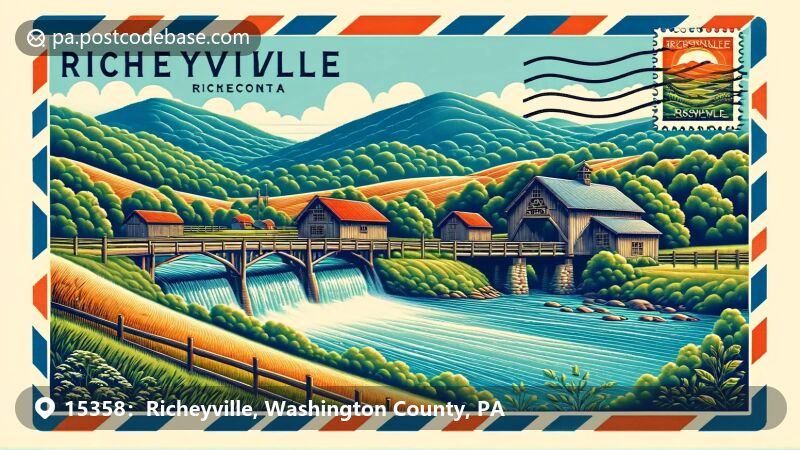 Richeyville, PA illustration, zip code 15358, historic covered bridge.