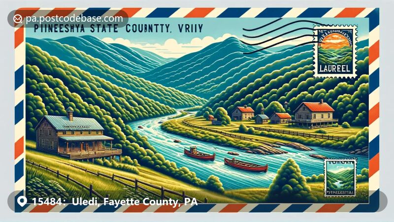 Uledi, PA illustration, zip code 15484, showcasing the Youghiogheny River Trail and Pennsylvania state flag.
