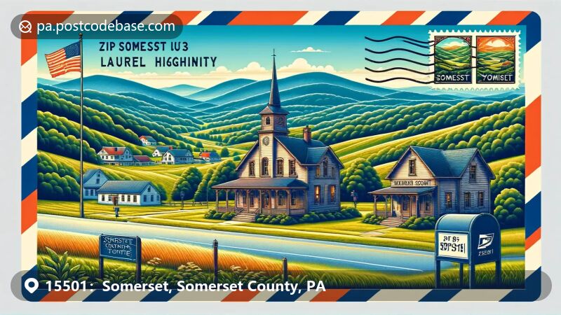 Somerset, PA illustration, zip code 15501, featuring the Somerset County Courthouse and Flight 93 National Memorial.