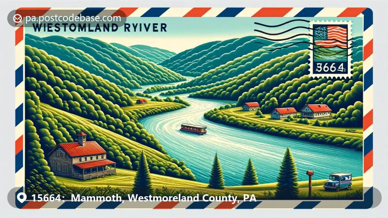 Mammoth, PA illustration, zip code 15664, Youghiogheny River and Pennsylvania state flag.