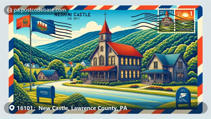 Illustration of New Castle, PA, zip code 16101, including the Courthouse and Scottish Rite Cathedral.