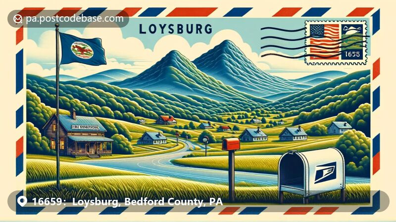 Loysburg, PA illustration, zip code 16659, Allegheny Mountains and historic district.