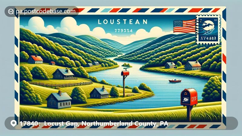 Locust Gap, PA illustration, zip code 17840, Pennsylvania state flag and farmhouse.