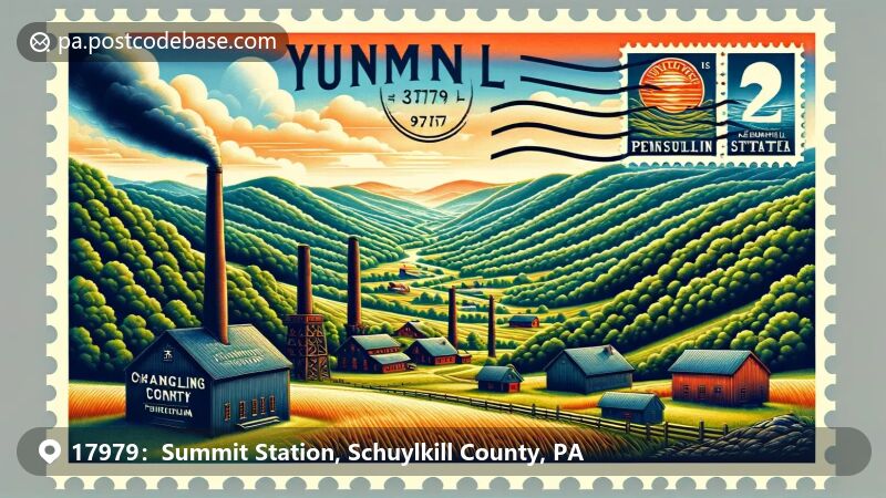 Illustration of Summit Station, PA, zip code 17979, featuring Yuengling Brewery and Appalachian Mountains.
