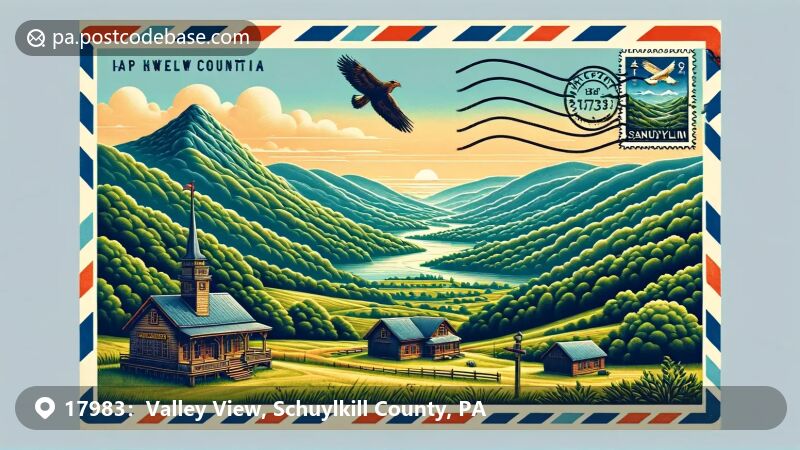 Illustration of zip code 17983 in Valley View, PA, featuring Hawk Mountain Sanctuary and Appalachian Mountains.