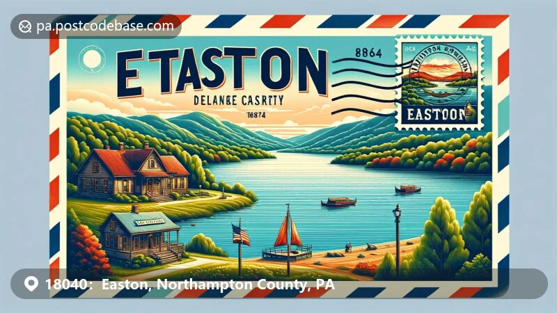 Easton, PA illustration, zip code 18040, including the Easton Area Public Library and the Delaware River.