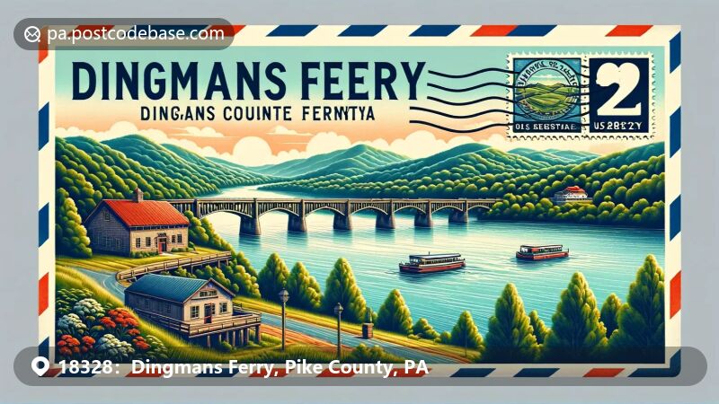 Dingmans Ferry, PA illustration, zip code 18328, Delaware River and Dingman's Ferry Bridge.
