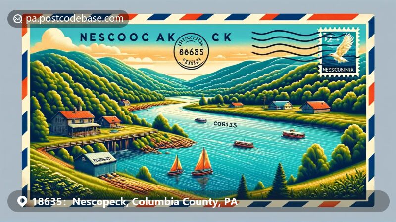 Nescopeck, PA illustration, zip code 18635, showcasing the Nescopeck Creek and Pennsylvania state flag.