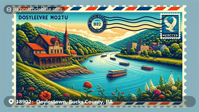 Doylestown, PA illustration, zip code 18902, featuring Mercer Museum and Delaware River.