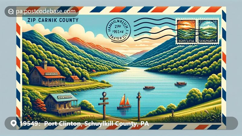 Port Clinton, PA illustration, zip code 19549, Schuylkill River and Hawk Mountain Sanctuary.