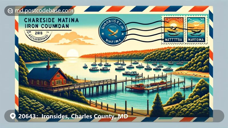 Illustration of zip code 20643 in Ironsides, MD, including Port Tobacco Marina and Mattawoman Creek.