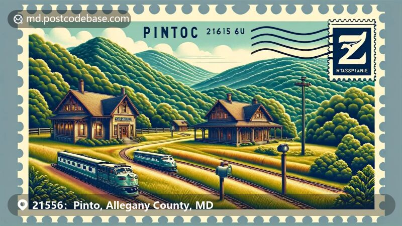 Pinto, MD illustration, zip code 21556, Appalachian Mountains, vintage postcard style.