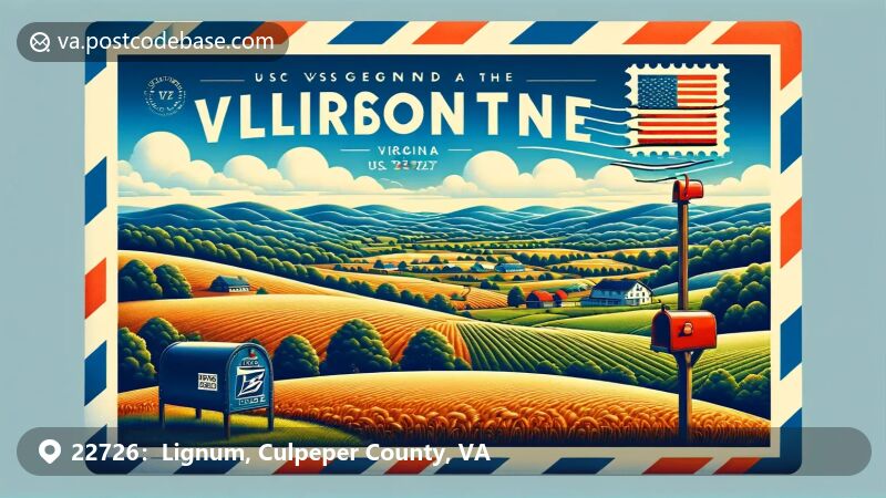 Illustration of zip code 22726 in Lignum, VA, showcasing rural charm and scenic countryside.