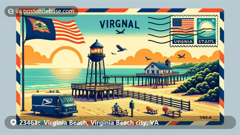 Virginia Beach illustration, zip code 23461, featuring a lighthouse and beach volleyball net.