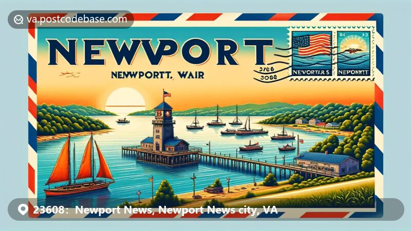 Newport News, VA illustration, zip code 23608, featuring shipbuilding and waterfront.