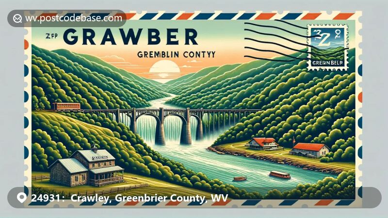 Crawley, WV illustration, zip code 24931, New River Gorge Bridge.