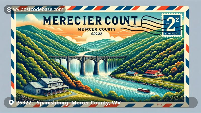 Illustration of Spanishburg, WV, zip code 25922, featuring New River Gorge Bridge.