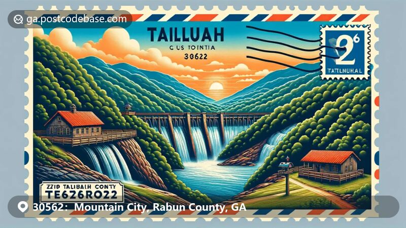 Mountain City, GA illustration, zip code 30562, featuring Tallulah Gorge State Park and Blue Ridge Mountains.