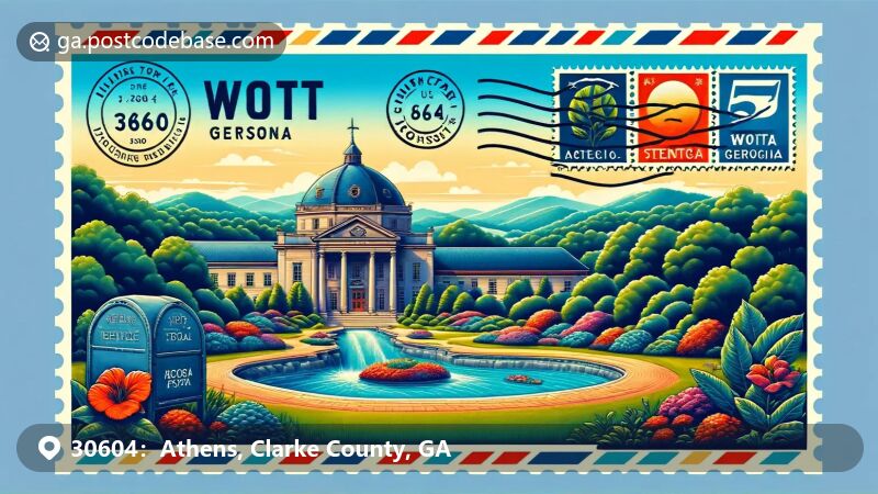 Athens, GA illustration, zip code 30604, featuring 40 Watt Club and University of Georgia's Arch.