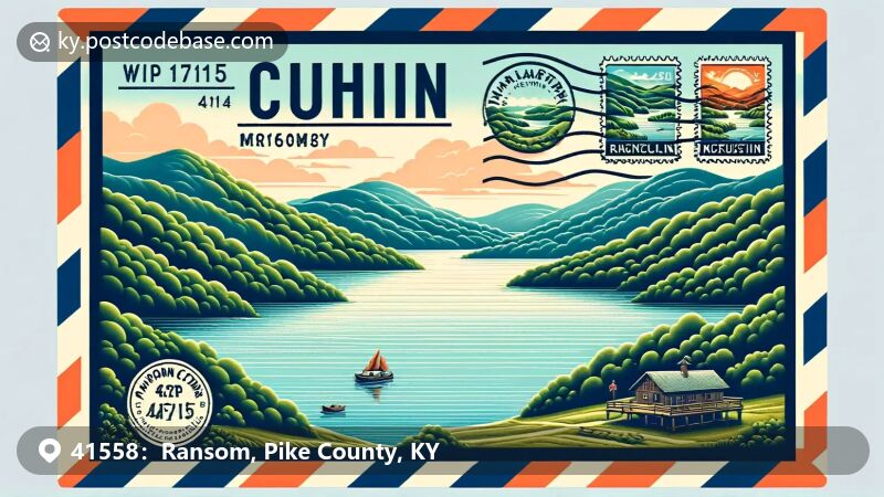 Illustration of zip code 41558 in Ransom, KY, featuring Cutshin Creek Lake and the Appalachian Mountains.
