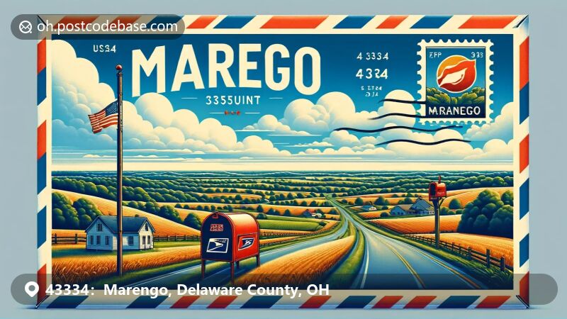 Marengo, Ohio illustration, zip code 43334, Ohio State Buckeye symbol.