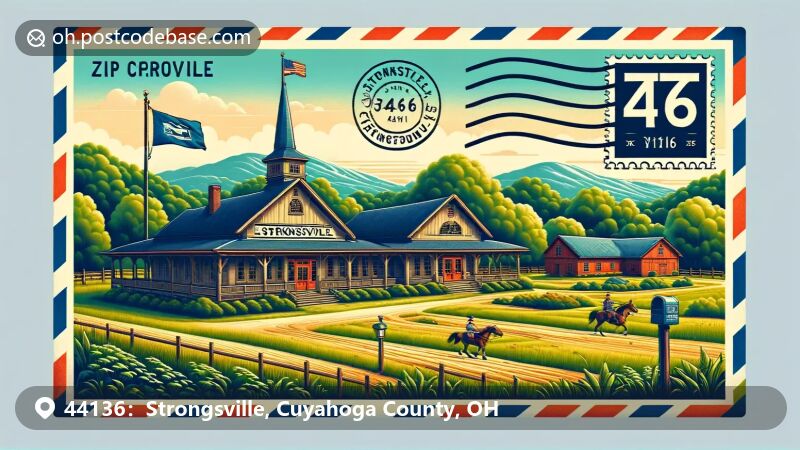 Strongsville, Ohio illustration, zip code 44136, featuring Town Hall and Metroparks.