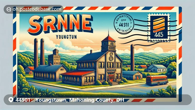 Youngstown, Ohio illustration, zip code 44501, featuring the Youngstown Sheet and Tube Company building.