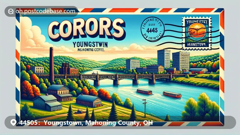 Youngstown, Ohio illustration, zip code 44505, industrial heritage and Ohio state flag.