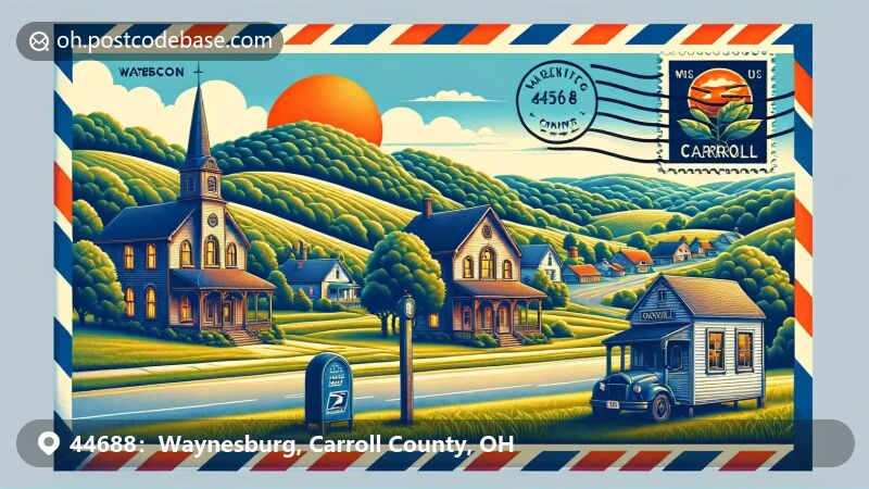Waynesburg, Ohio illustration, zip code 44688, showcasing rural charm and historic landmarks.