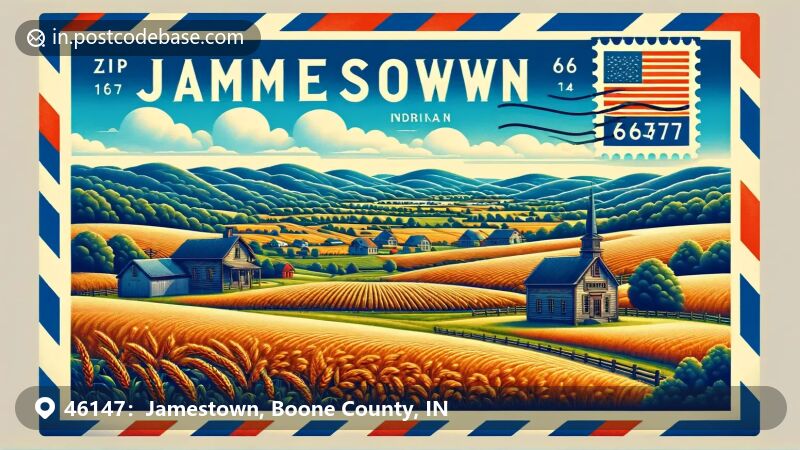 Jamestown, Indiana illustration, zip code 46147, historic town hall and cornfields.