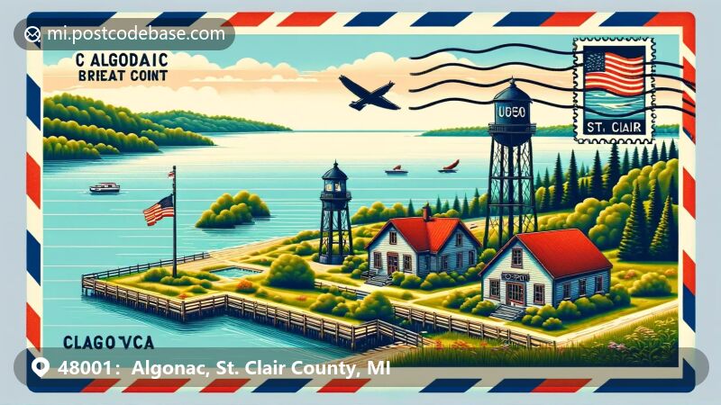 Algonac, Michigan illustration, zip code 48001, St. Clair River and lighthouse.