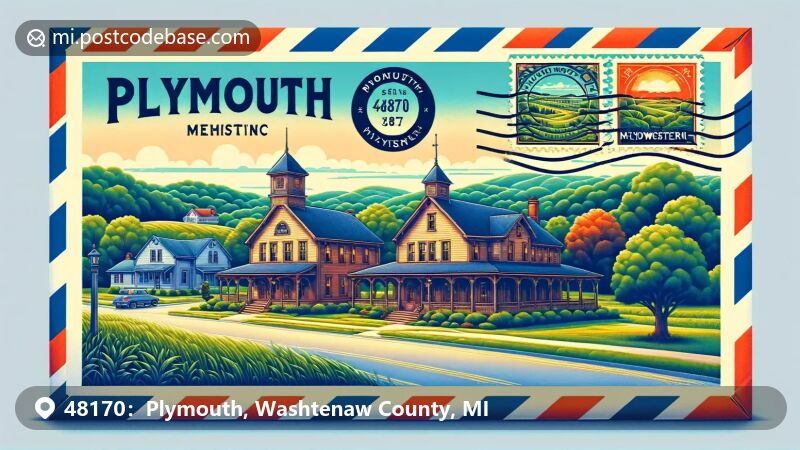 Plymouth, MI illustration, zip code 48170, historic downtown area.