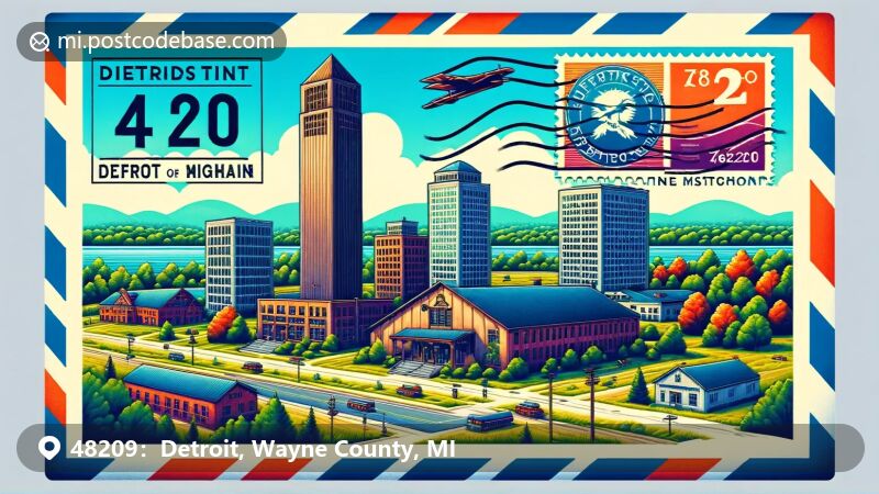 Detroit, Michigan illustration, zip code 48209, Renaissance Center and Spirit of Detroit statue.