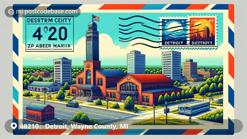Detroit, Michigan illustration, zip code 48210, Renaissance Center and Eastern Market.