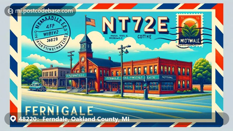 Ferndale, Michigan illustration, zip code 48220, featuring City Hall and Woodward Avenue.