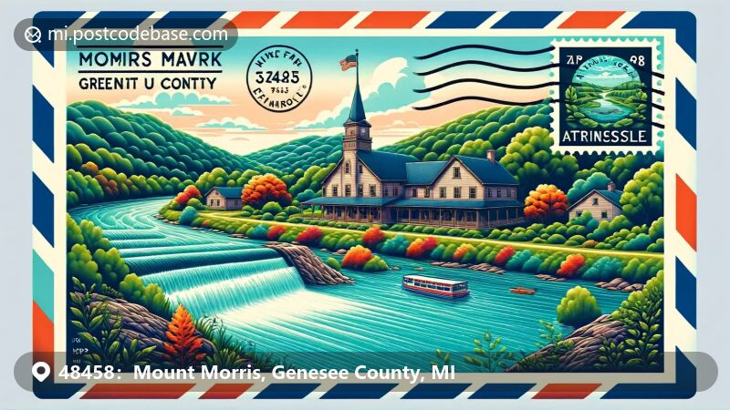 Illustration of zip code 48458 in Mount Morris, Michigan, featuring City Hall and the Flint River.