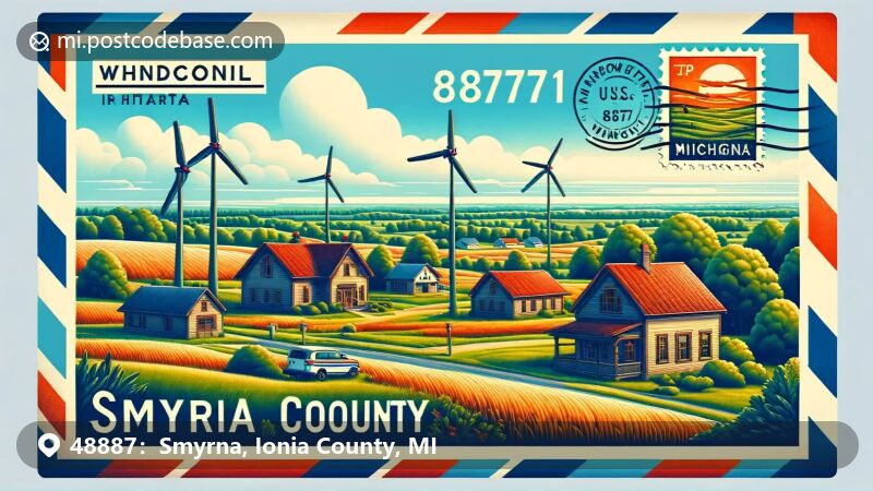 Smyrna, Michigan illustration, zip code 48887, featuring Ionia County Courthouse and windmills.