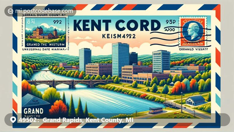 Grand Rapids, Michigan illustration, zip code 49502, featuring Gerald R. Ford Museum and Grand River.