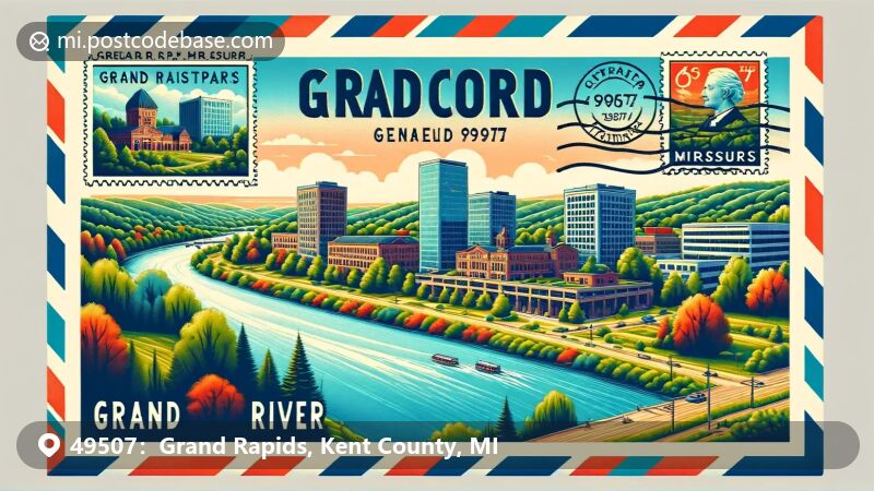 Grand Rapids, MI illustration, zip code 49507, featuring the Grand Rapids Public Museum and Gerald R. Ford Presidential Museum.